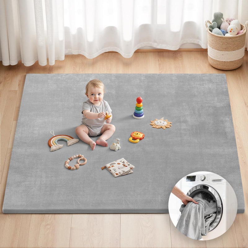 Blissful Diary Ultra Soft Baby Play Mat, 71x59 Extra Large Floor Mat with Removable & Washable Slip-On Cover for Babies and Toddlers, Light Grey - Image 1