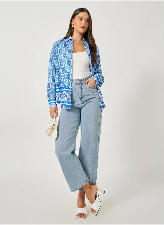 Styli Styli All Over Print Long Sleeve Oversized Shirt