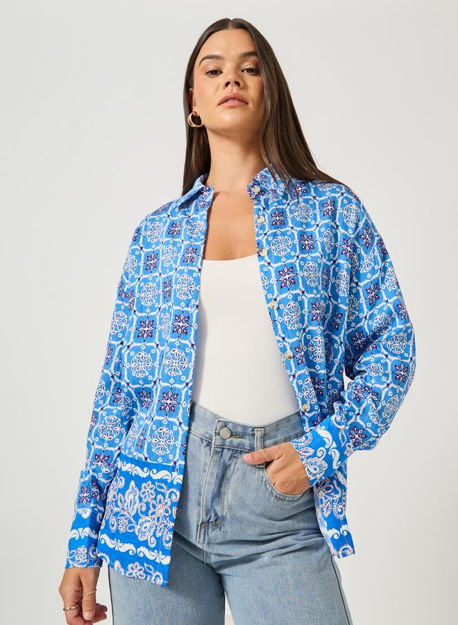 ستايلي قميص واسع بأكمام طويلة وطبعة شاملة - Image 1