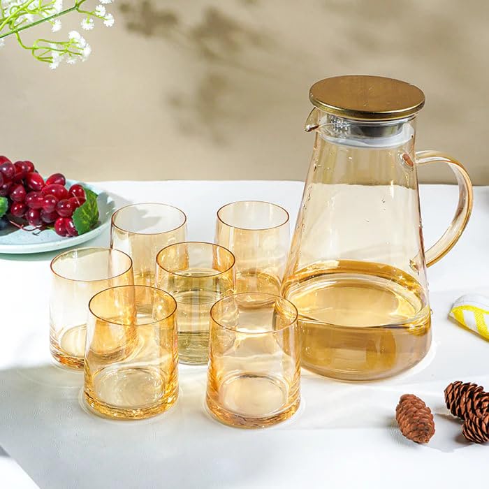 Mevanta Premium Water and Juice Brown Glass & Borosilicate Glass Jug Set Combo [6 Piece Glass 280ML & 1 Piece Jug 2 Liter] Transparent Pitcher Set for Dining Table,Home & Restaurant,Party (MTS - 10) - Image 1