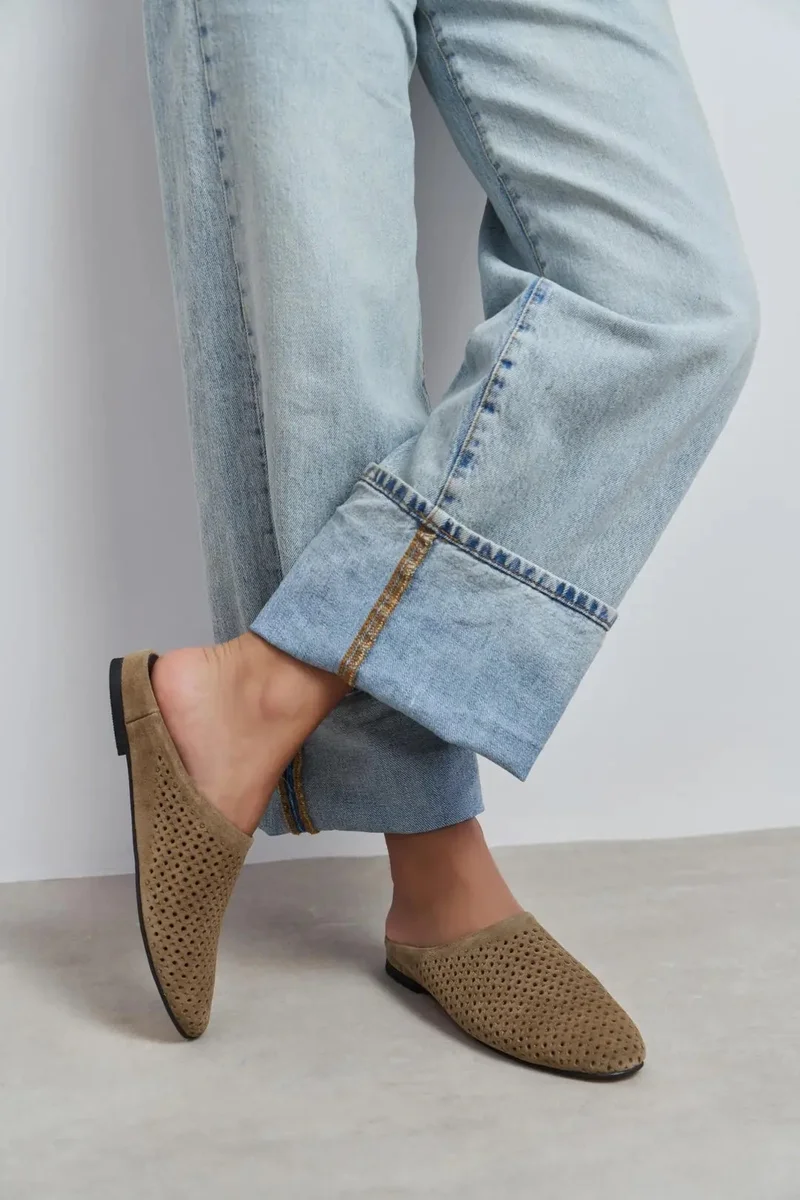 Nisantasi Shoes Palya Suede Studded Genuine Leather Flat Mule
