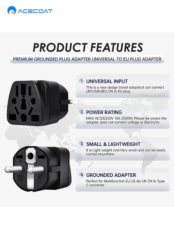 ACECOAT - 3-Pack Universal EU Travel Adapter Plug Converter,2500W Multi-country 3-Prong Power Solution-Converts EU/JP/AU/UK/CN/S to EU,Safe & Multi-function Wall Charger for Smartphones,Laptops & More,Black - Image 1
