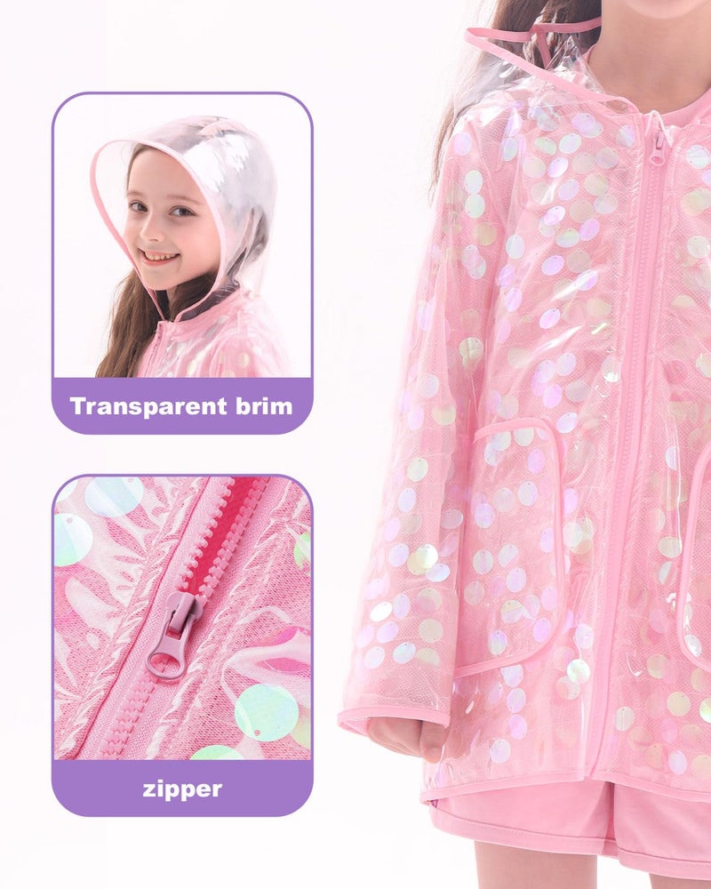 WELAKEN Girls Sequin Raincoat Waterproof Reusable Hooded Outwear Rain Jacket with Lining,pink,8Y - Image 4