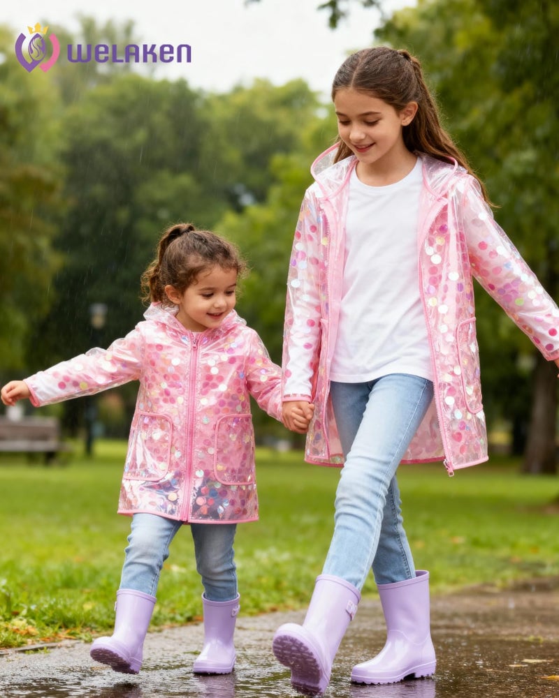 WELAKEN Girls Sequin Raincoat Waterproof Reusable Hooded Outwear Rain Jacket with Lining,pink,8Y - Image 2