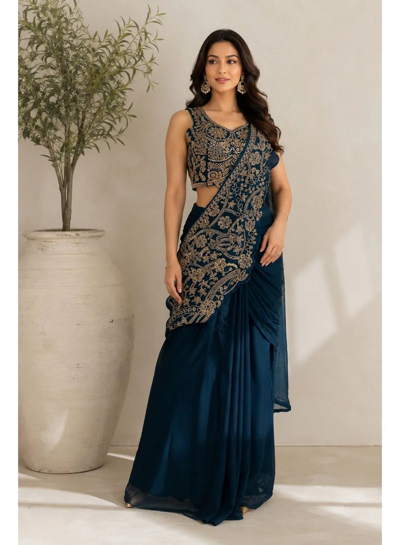 Lehar Green Ready-to-Drape Saree with Heavy Hand Embroidered Blouse