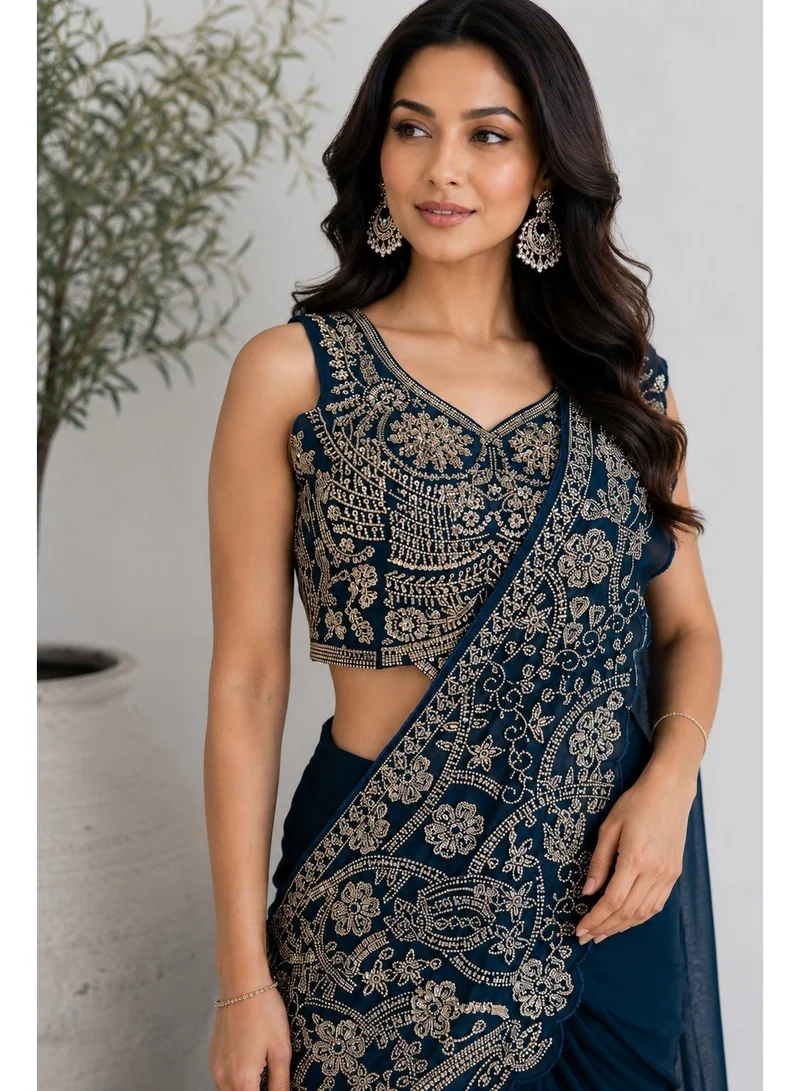 Lehar Green Ready-to-Drape Saree with Heavy Hand Embroidered Blouse