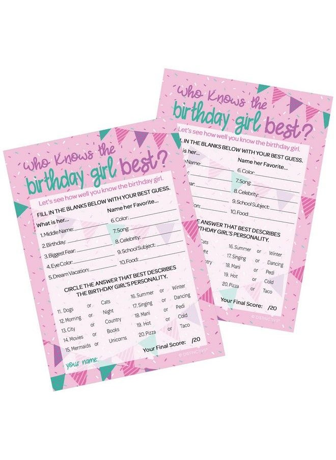 DISTINCTIVS - Who Knows The Birthday Girl Best Party Game 10 Game Cards Girly Pink And Purple Tween Birthday Party Supplies - Image 1