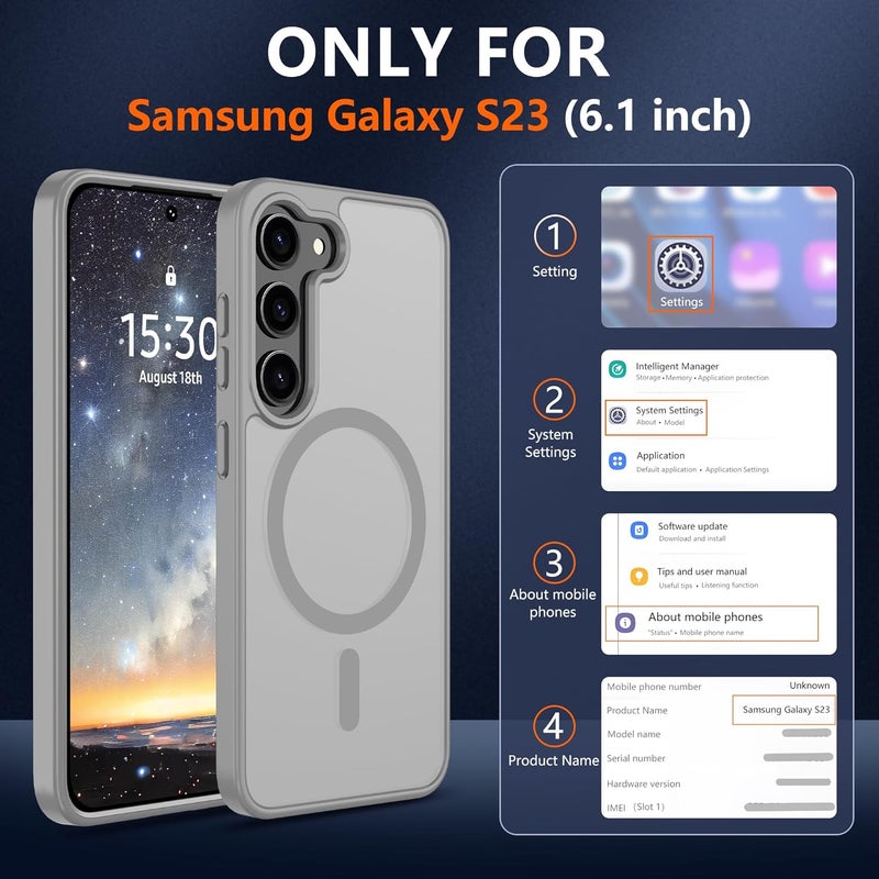 حافظة المغناطيسية لهاتف Samsung S23 [متوافقة مع تقنية MagSafe] | 2 طبقة حماية للشاشة | مقاومة للتصفر وبصمات الأصابع، مقاومة للصدمات، نسيج ناعم وشفاف يناسب شكل الهاتف - لون رمادي - Image 2