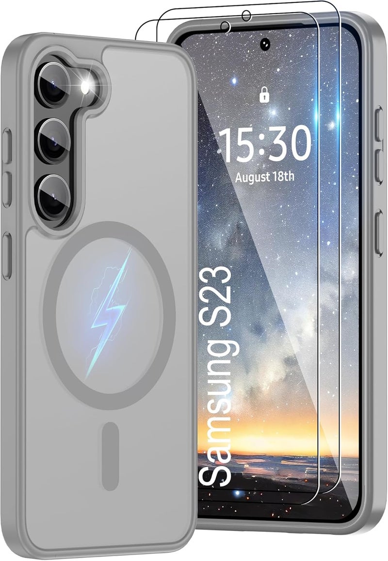 حافظة المغناطيسية لهاتف Samsung S23 [متوافقة مع تقنية MagSafe] | 2 طبقة حماية للشاشة | مقاومة للتصفر وبصمات الأصابع، مقاومة للصدمات، نسيج ناعم وشفاف يناسب شكل الهاتف - لون رمادي - Image 1