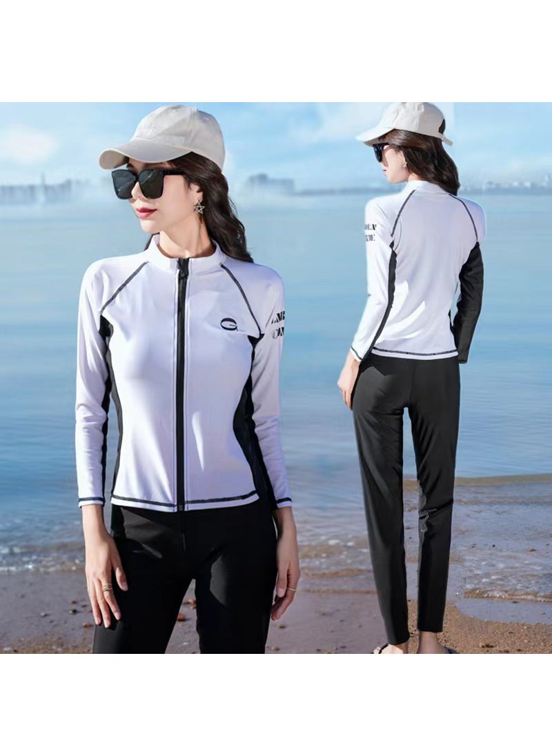 Generic - Swimsuit womens two-piece sports three-piece Conservative long sleeve sun protection diving suit South Korea ins style girl Seaside swimsuit 52001 sports White Black - Image 1