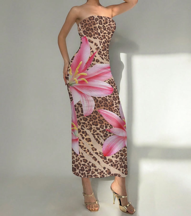 2024 Europe and the United States cross-border new shein ladies slim off-shoulder contrast color floral printing elegant fashion dress Leopard flower