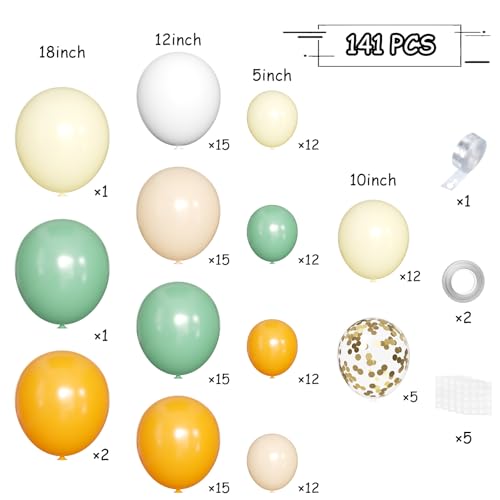 MEBAY Sage Green Orange Balloon Arch Kit 141Pcs Pea Green Orange Pastel Yellow Sand White and White Latex Balloons for Birthday Wedding Baby Shower Gender Reveal Anniversary - Image 5