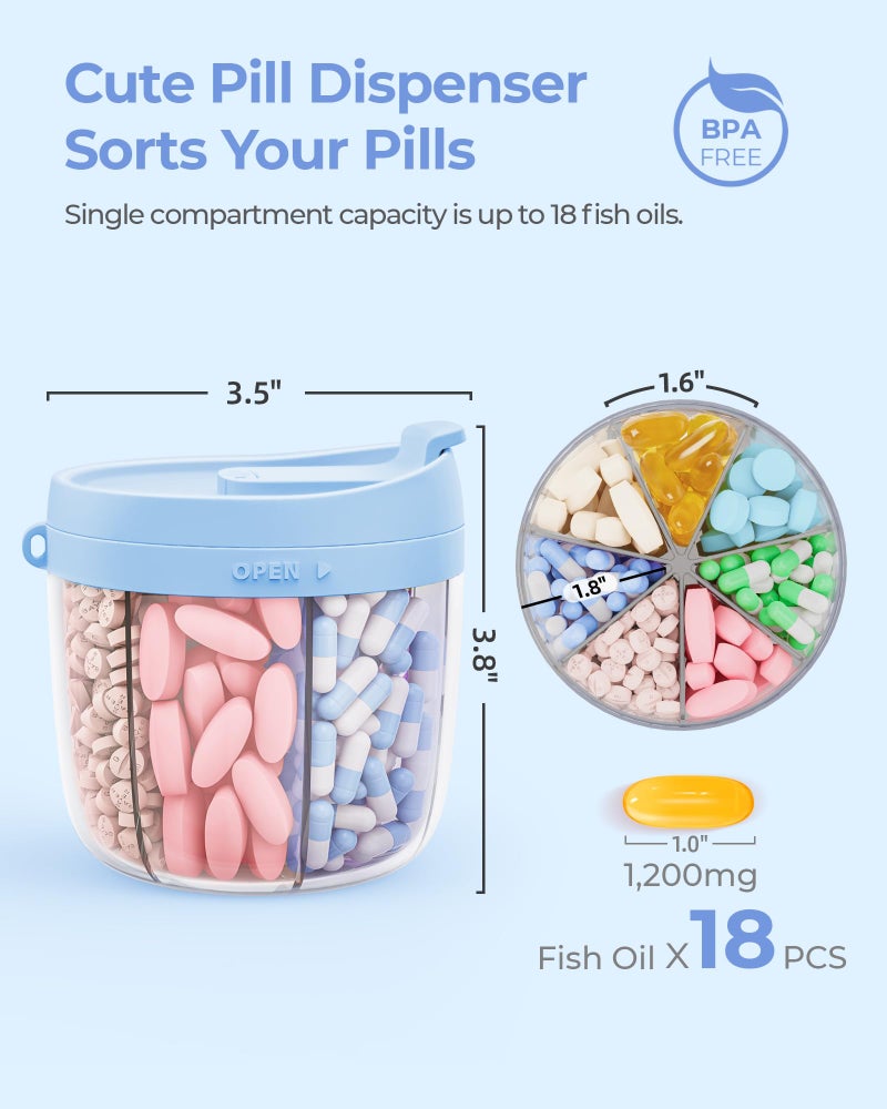 AMOOS Cute Pill Dispenser with 7 Large Compartments, Portable Pill Bottle Organizer with Wide Opening for Easy Use, Anti-Mix Pill Organizer for Travel, BPA-Free Pill Container, Blue - Image 2