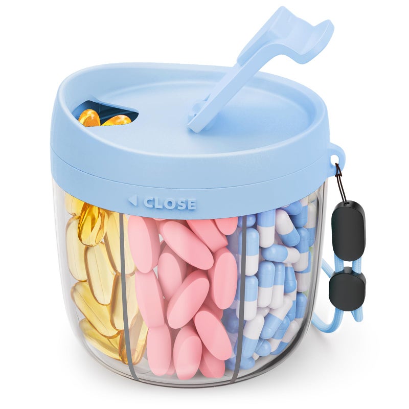AMOOS Cute Pill Dispenser with 7 Large Compartments, Portable Pill Bottle Organizer with Wide Opening for Easy Use, Anti-Mix Pill Organizer for Travel, BPA-Free Pill Container, Blue - Image 1