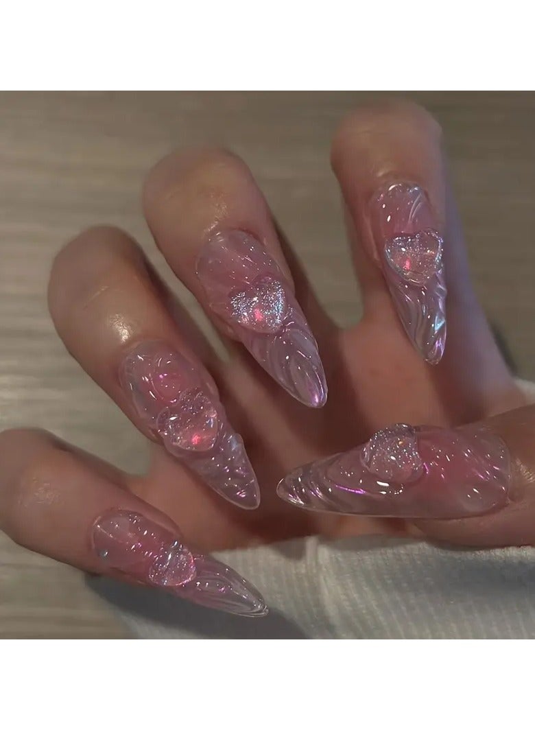 Rozino 24pcs Glossy Medium Almond Fake Nails, Pink Press On Nails With 3D Ripple And Crystal Heart Design, Sweet False Nails For Women Girls - Daily Party Wear - Image 1