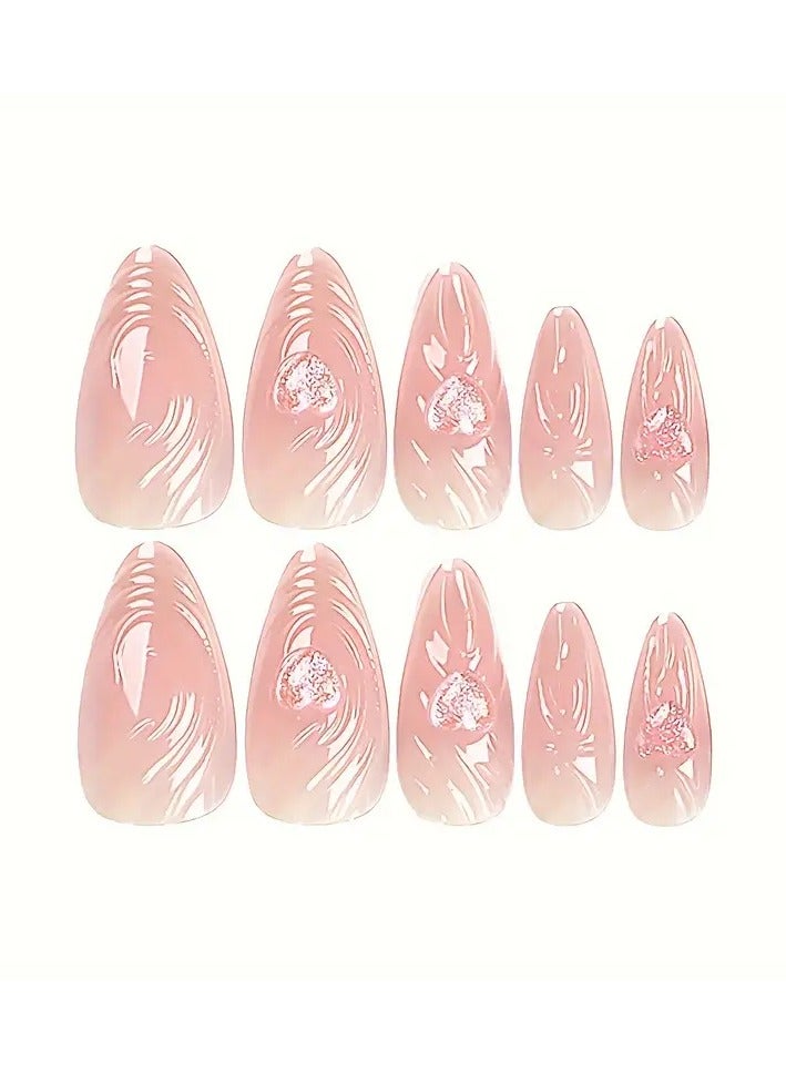 Rozino 24pcs Glossy Medium Almond Fake Nails, Pink Press On Nails With 3D Ripple And Crystal Heart Design, Sweet False Nails For Women Girls - Daily Party Wear - Image 2