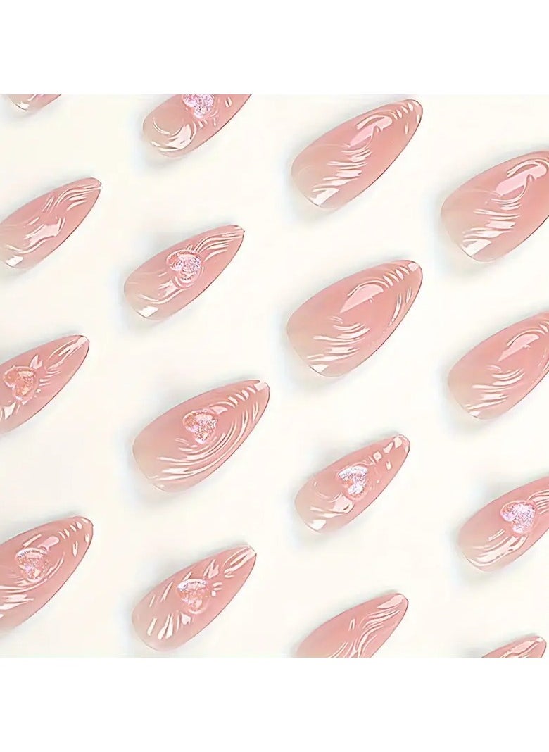 24pcs Glossy Medium Almond Fake Nails, Pink Press On Nails With 3D Ripple And Crystal Heart Design, Sweet False Nails For Women Girls - Daily Party Wear - pzsku/ZFCE3715424A5B624D4CBZ/45/_/1737438923/c88bf3ec-ddb1-4c76-99c5-26608169f969