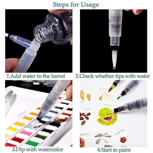 TODDLIS Water Brush Pens Watercolor Brushes 6 Pcs Set with Different Size Tips Water Reservoir Pen for Watercolour, Painting, Oil Acrylic Painting, and Calligraphy (3 Round & 3 Flat) - Image 2