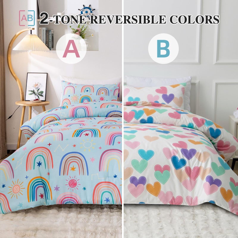 Btargot Lightweight Soft 3 Piece Rainbow Comforter Set with 2 Pillow Covers  Cartoon Love Hearts Suns and Stars Bedding Set for Girls Boys Kids  Queen Light Blue - Image 2