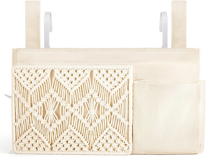 Mkono Bedside Caddy Hanging Organizer, Boho Macrame Storage with Fixed Straps and Hooks, 4 Pockets Holder Remote Magazine Accessories for Home Loft Bunk Bed, Dorm, Hospital Beds - Image 1