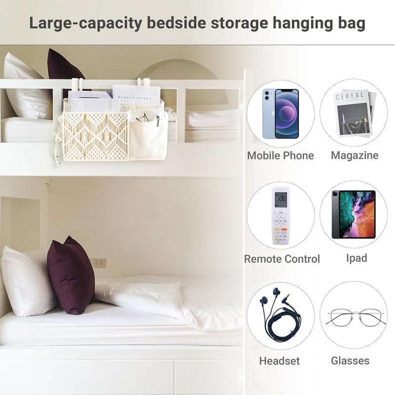 Mkono Bedside Caddy Hanging Organizer, Boho Macrame Storage with Fixed Straps and Hooks, 4 Pockets Holder Remote Magazine Accessories for Home Loft Bunk Bed, Dorm, Hospital Beds - Image 3