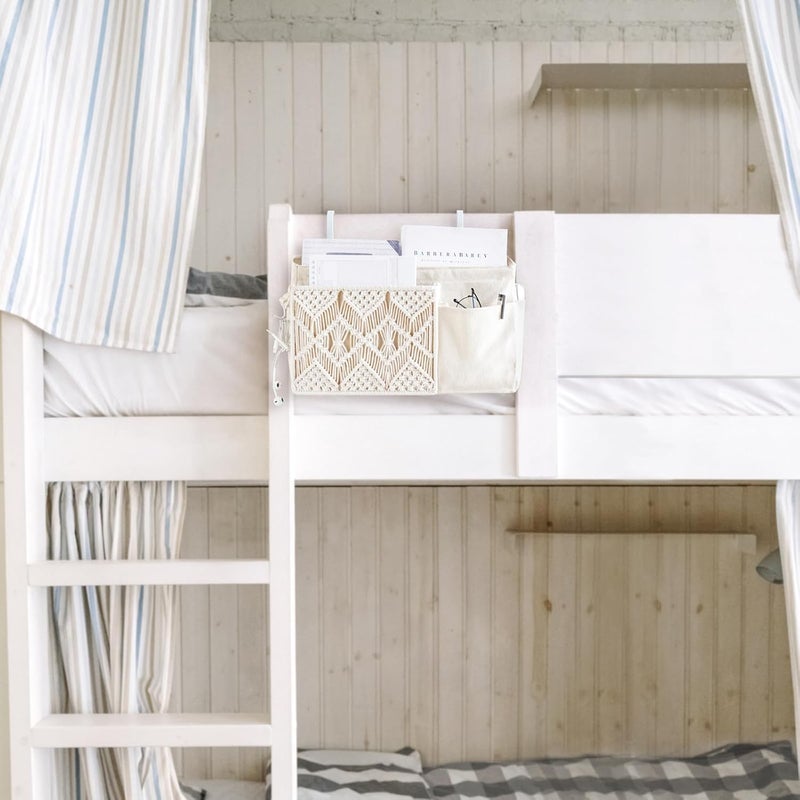 Mkono Bedside Caddy Hanging Organizer, Boho Macrame Storage with Fixed Straps and Hooks, 4 Pockets Holder Remote Magazine Accessories for Home Loft Bunk Bed, Dorm, Hospital Beds - Image 2