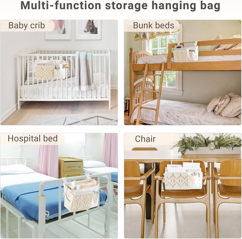 Mkono Bedside Caddy Hanging Organizer, Boho Macrame Storage with Fixed Straps and Hooks, 4 Pockets Holder Remote Magazine Accessories for Home Loft Bunk Bed, Dorm, Hospital Beds - Image 4