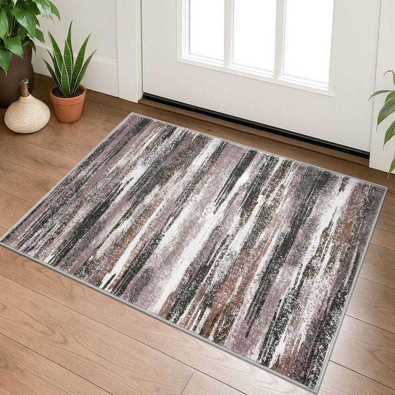 Lansny Modern Abstract Entryway Rug Indoor 2x3 Washable Rug Non-Slip Soft Small Area Rug Dark Light Brown White Kitchen Mats Thin Print Faux Wool Floor Carpet Throw Rugs Backdoor Mat for Entry - Image 1