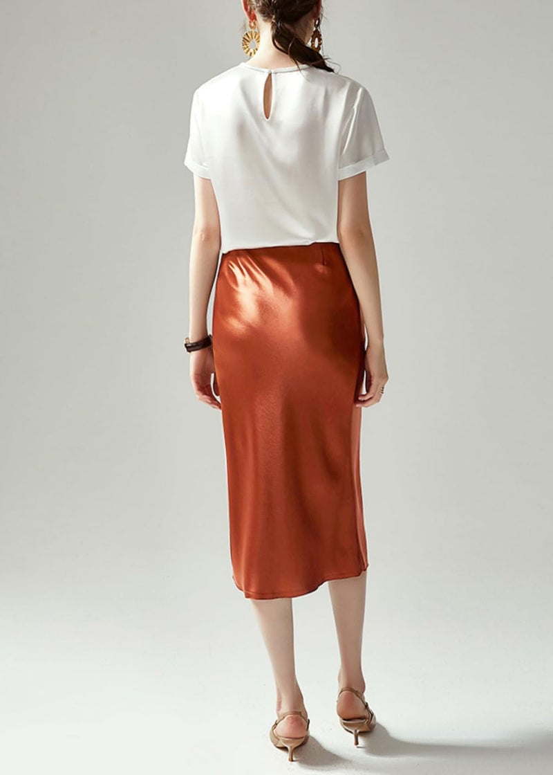 Keasmto Brown Skirt for Women Midi Length High Waist Silk Satin Elasticized Summer Casual Skirts M - Image 3