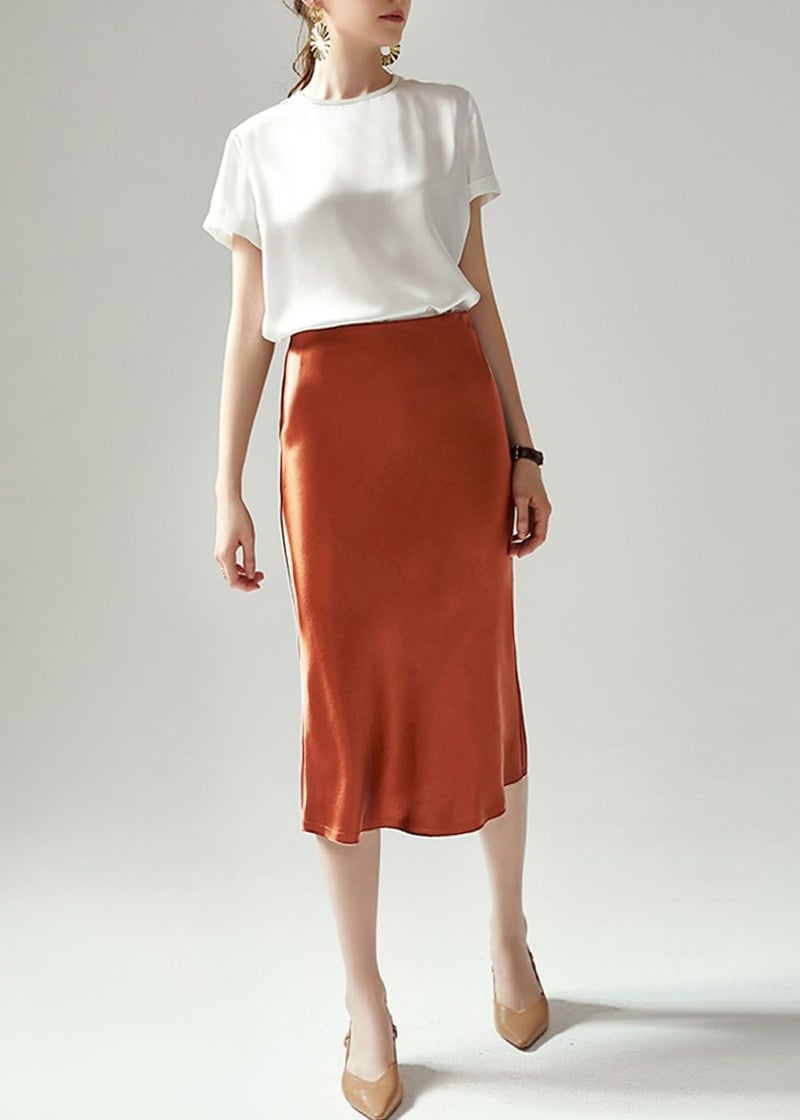 Keasmto Brown Skirt for Women Midi Length High Waist Silk Satin Elasticized Summer Casual Skirts M - Image 1