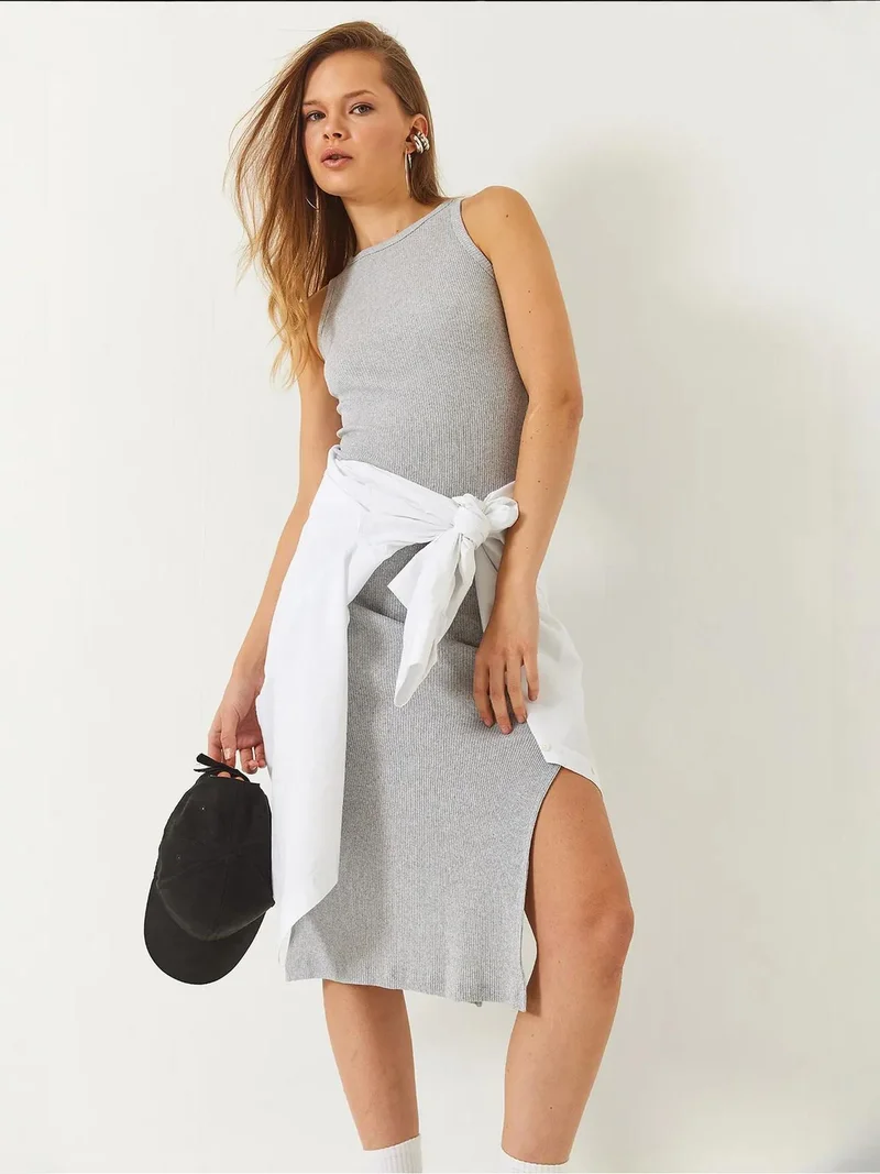 Bianco Lucci LUCCI Striped Ribbed Midi Dress with Slit