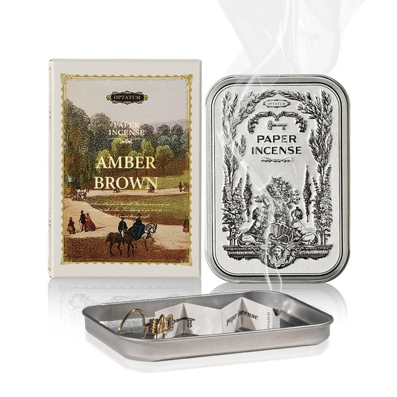 Paper Incense 48pcs with Vintage Tin Case Burning Papers Infused with Natural Essential Oils Quick Usage LongLasting Fragrance Eliminating Bathroom Kitchen Pet Odors Amber Brown