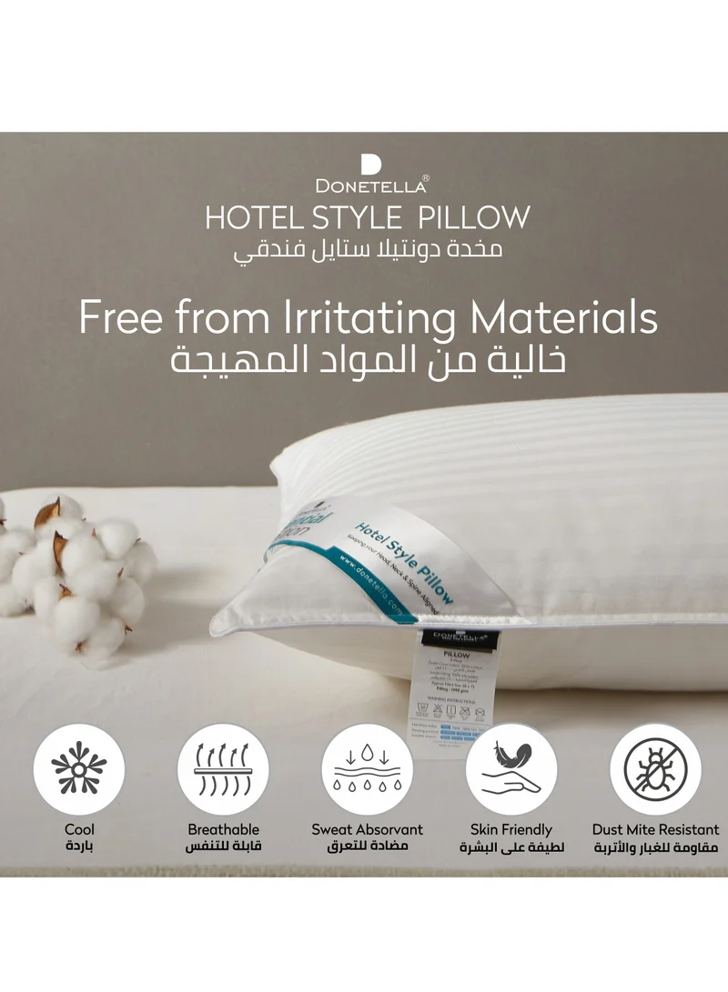 Donetella Cotton Pillow, Hotel Style, 1200 Gms, 2 Pieces, Size 50x75 cm, Cotton, Satin Stripes, Double Edge Stitched Premium Gel Fiber, Soft & Plush Bed Pillow