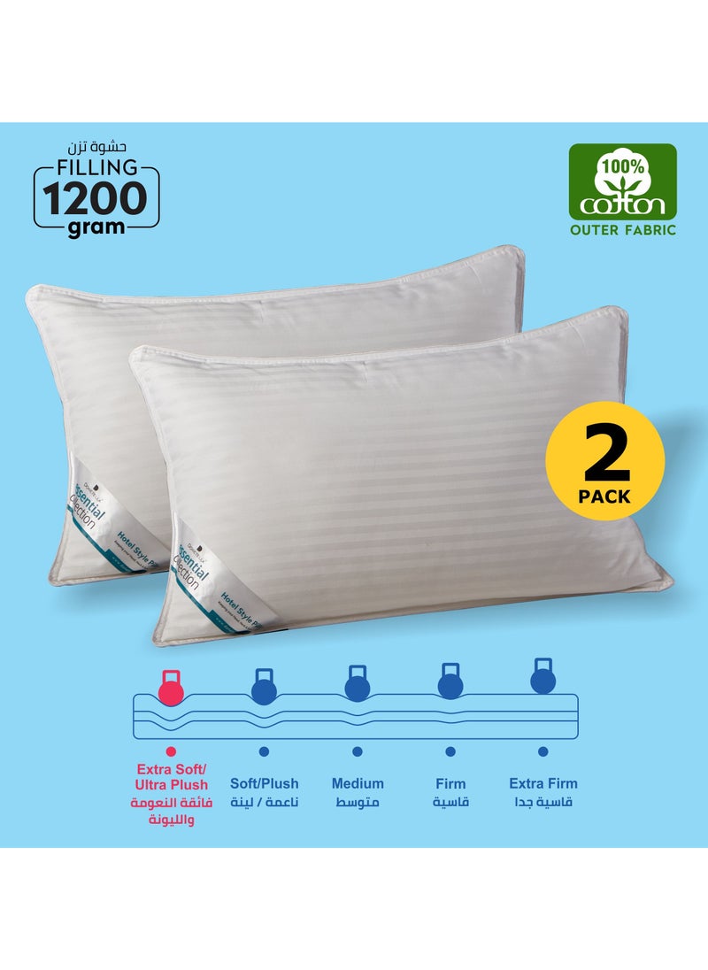 Donetella Cotton Pillow, Hotel Style, 1200 Gms, 2 Pieces, Size 50x75 cm, Cotton, Satin Stripes, Double Edge Stitched Premium Gel Fiber, Soft & Plush Bed Pillow  - Image 1