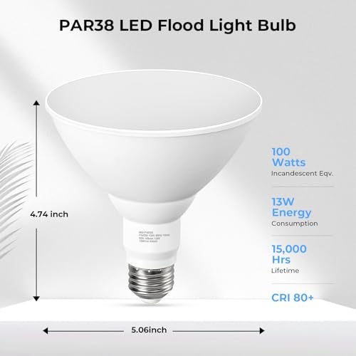 GvvooHome LED Flood Light Bulbs PAR38 Outdoor Flood Light Bulb 5000K13W 100W Equivalent Daylight White LED Floodlight Dimmable Waterproof for Porch Yard Garage E26 Base 15000 Hrs 2 Pack - Image 3