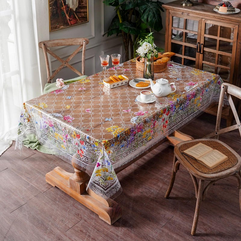 ARTABLE Clear Table Cover Protector Vinyl PVC Rectangle Table Cloth with Floral Print Pattern Oil Proof Wipe-able Plastic Tablecloths for Dining Tables Parties Holidays (Flowers, 60 x 84 Inches) - Image 3