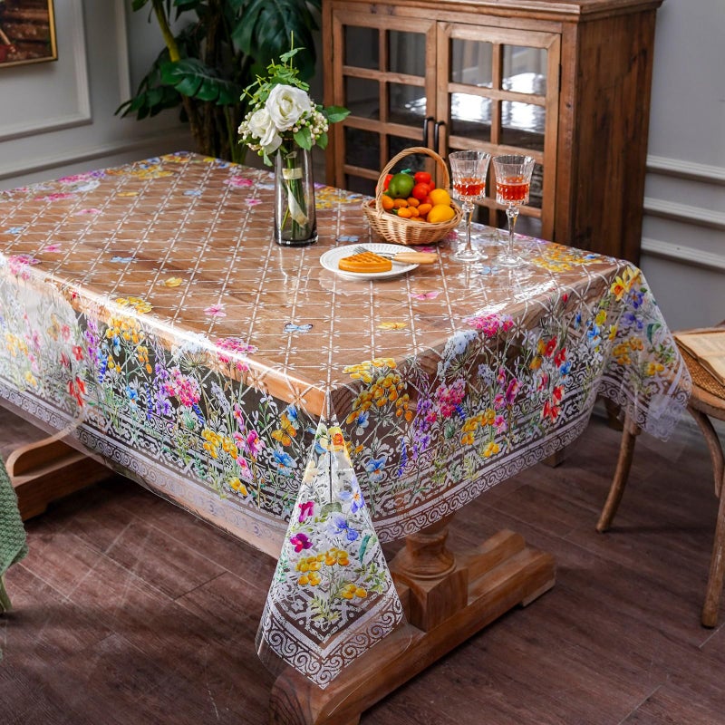 ARTABLE Clear Table Cover Protector Vinyl PVC Rectangle Table Cloth with Floral Print Pattern Oil Proof Wipe-able Plastic Tablecloths for Dining Tables Parties Holidays (Flowers, 60 x 84 Inches) - Image 2