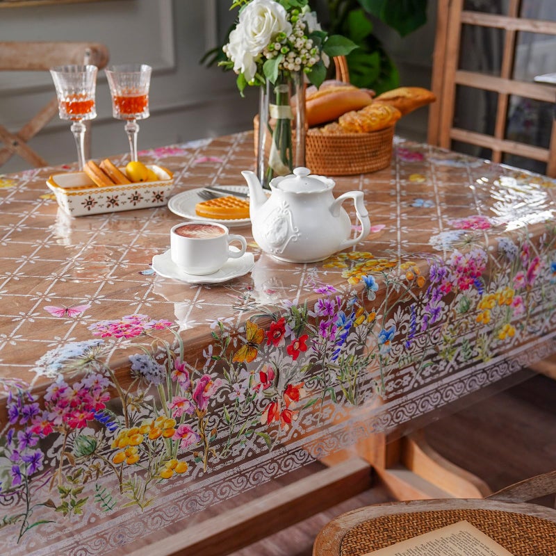 ARTABLE Clear Table Cover Protector Vinyl PVC Rectangle Table Cloth with Floral Print Pattern Oil Proof Wipe-able Plastic Tablecloths for Dining Tables Parties Holidays (Flowers, 60 x 84 Inches) - Image 4