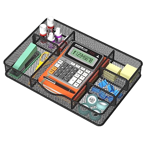 VyGrow Desk Drawer Organizer Metal Mesh Drawer Organizer Tray with 6 Adjustable Compartment Tray Organizer for Desktop Kitchen Bathroom Makeup Vanity 145x88x196 inch Black 1PC Large - Image 1