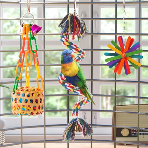 AFUOWER Bird Toys Parakeet Toy Parrot Chewing Shredding Foraging Toys with Rope Perch Hanging Toys Bird Cage Accessories for Cockatiel Conure Budgies Lovebird 5 Pack - Image 5