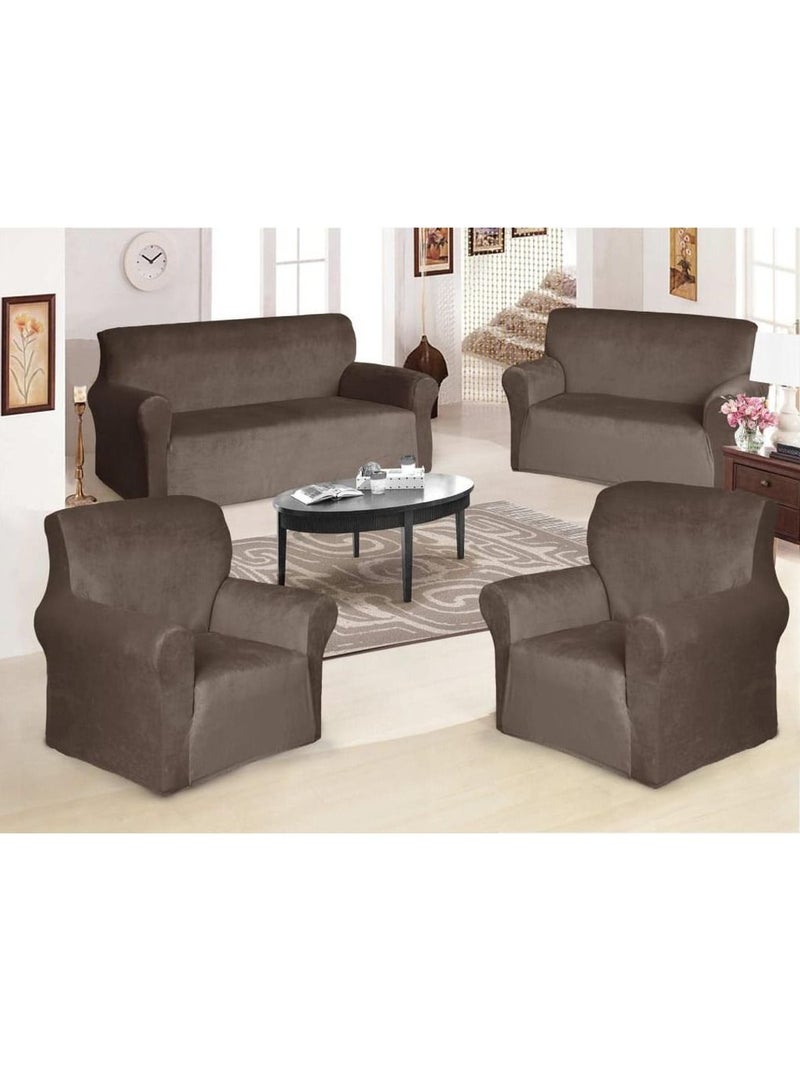 EVORY HOME Velvet non-slip Super Stretchable Sofa Covers Set for Seven Seats of 4 Pieces in Brown  - Image 1