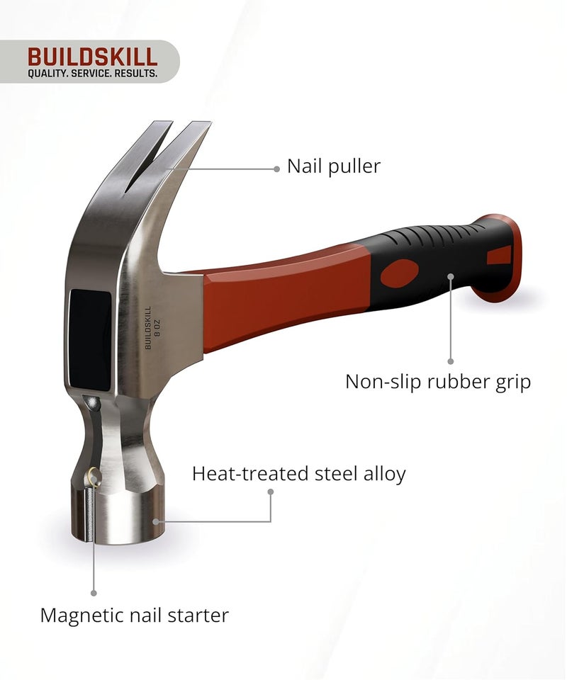 BUILDSKILL Hammer 8 Oz, Forged Steel Head for Superior Strength & Durability, Fibreglass Handle, Carpenter Tools, With Magnetic Tip for Easy Use, 2 in 1 Combination Claw & Flat Head - Image 2