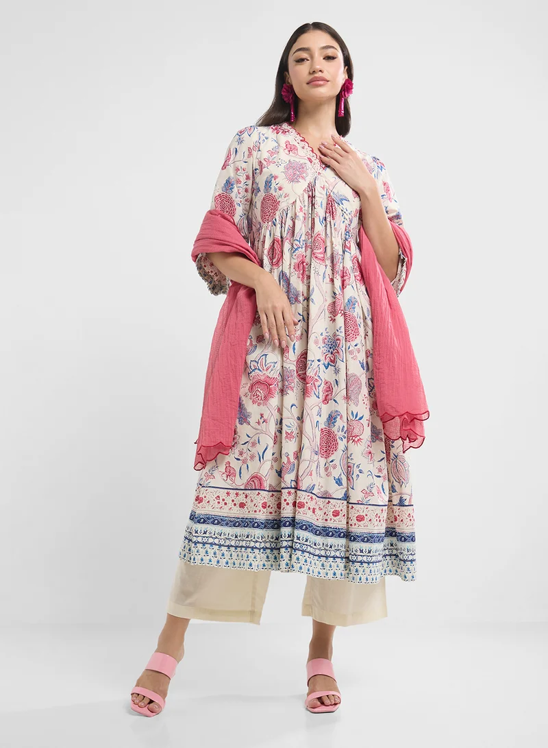 Biba Printed Kurta, Palazo & Dupatta Set