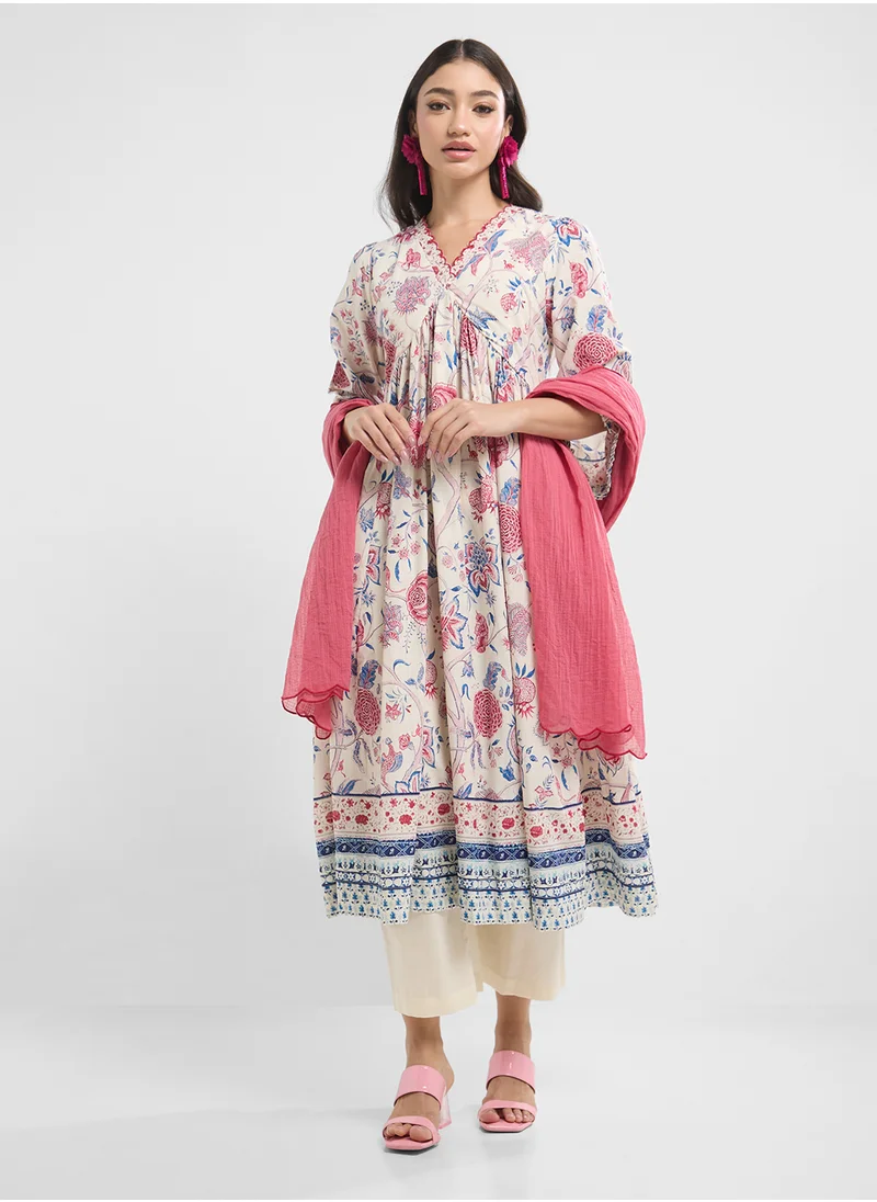 Biba Printed Kurta, Palazo & Dupatta Set