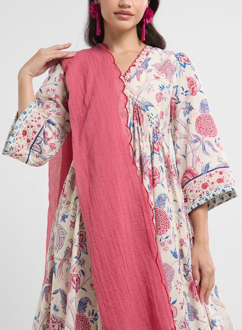 Biba Printed Kurta, Palazo & Dupatta Set