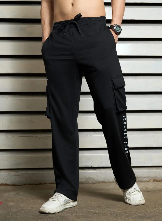 HIGH STAR  Men's Black 100% Polyester Printed Full Length Casual Track Pant Straight Fit Trouser  | Best Price UAE
