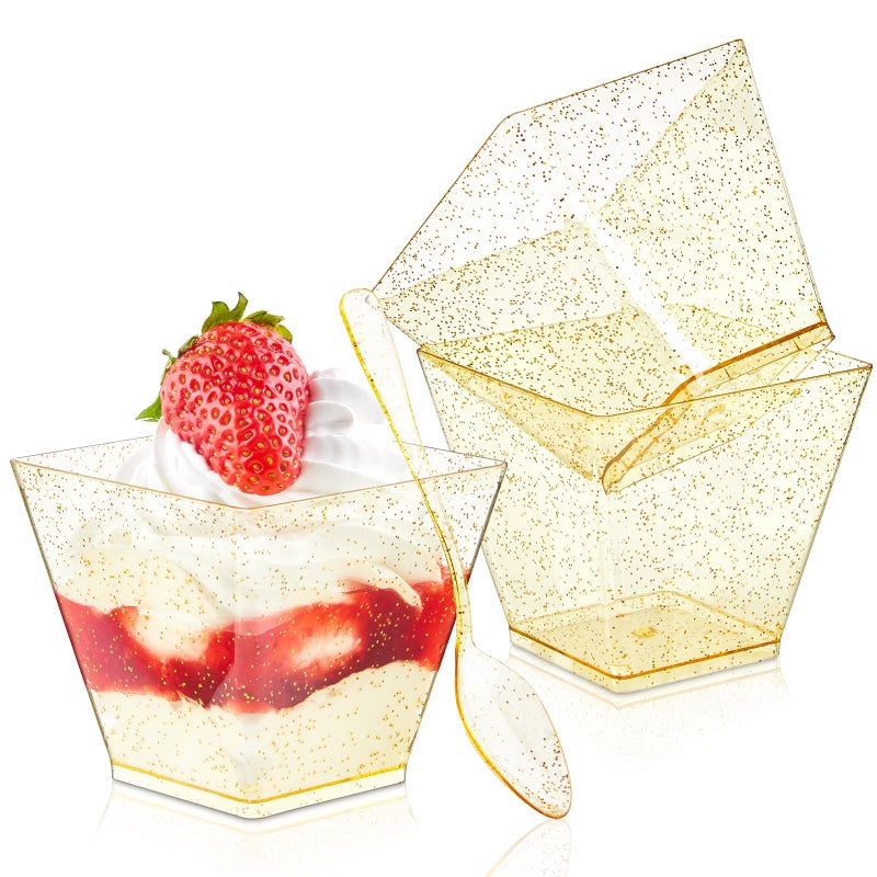 Qeirudu 3.5 oz Mini Gold Glitter Dessert Cups with Spoons - 50 Pack Gold Plastic Dessert Cups Small Parfait Shooter Cups for Party Appetizers Banana Pudding Jello - Image 1