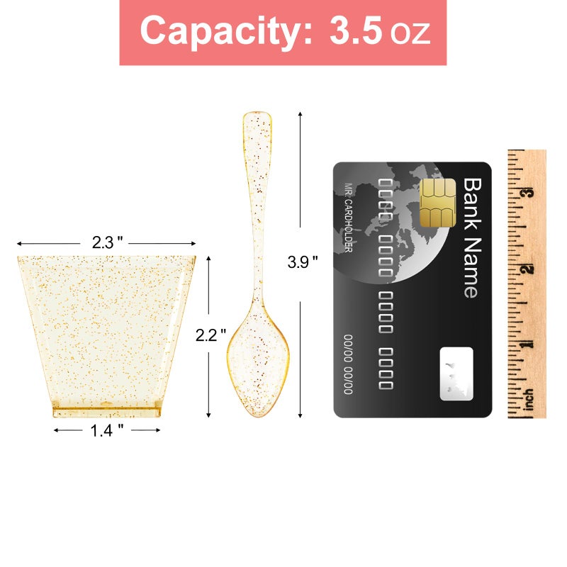 Qeirudu 3.5 oz Mini Gold Glitter Dessert Cups with Spoons - 50 Pack Gold Plastic Dessert Cups Small Parfait Shooter Cups for Party Appetizers Banana Pudding Jello - Image 2