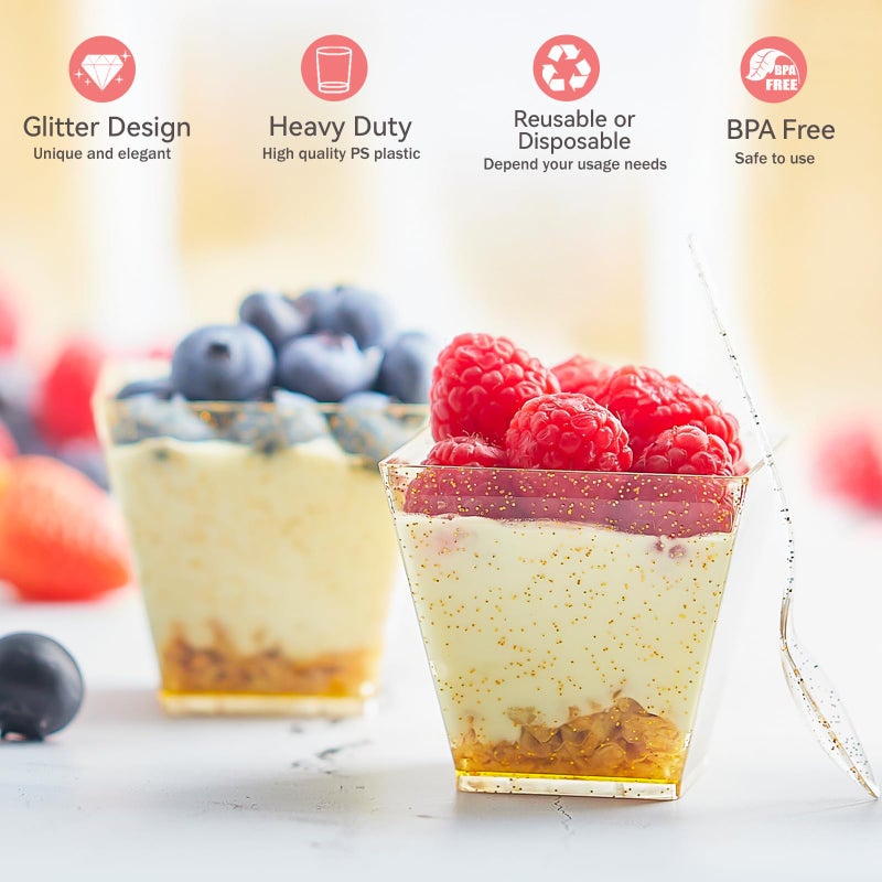 Qeirudu 3.5 oz Mini Gold Glitter Dessert Cups with Spoons - 50 Pack Gold Plastic Dessert Cups Small Parfait Shooter Cups for Party Appetizers Banana Pudding Jello - Image 5