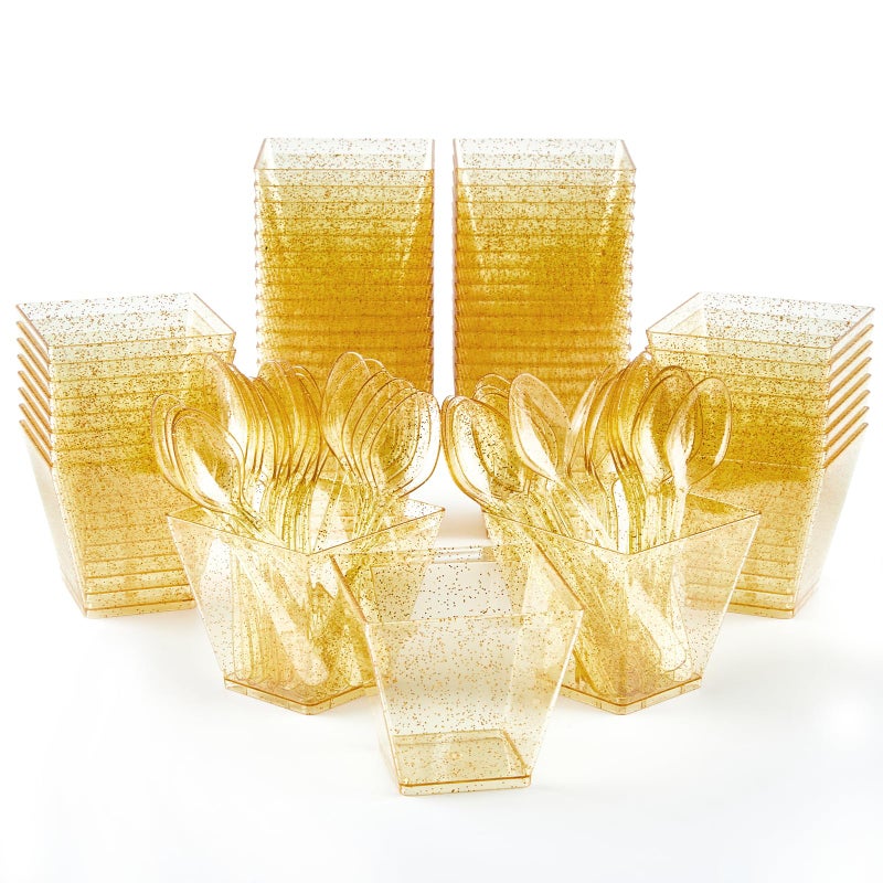 Qeirudu 3.5 oz Mini Gold Glitter Dessert Cups with Spoons - 50 Pack Gold Plastic Dessert Cups Small Parfait Shooter Cups for Party Appetizers Banana Pudding Jello - Image 3